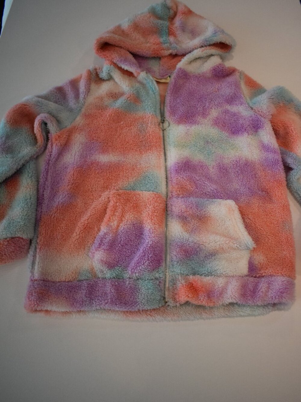 Bobbie Brooks Women M Pastel Tie Dye Plush Fleece Sherpa Zip Hooded Jacket
